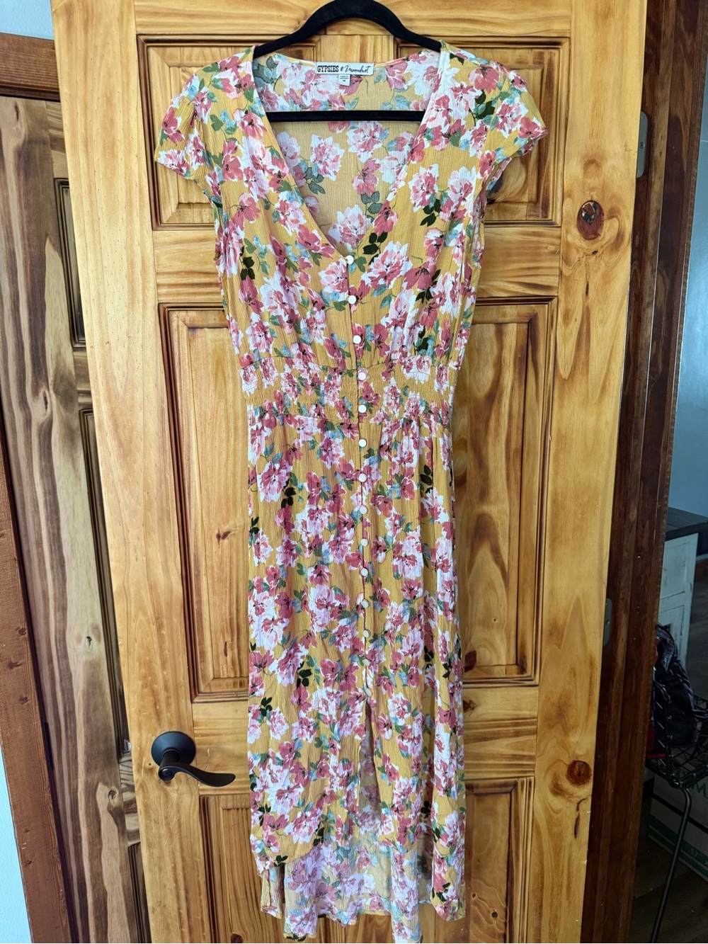 Gypsies & Moondust Mustard Floral Button-Front Midi Dress